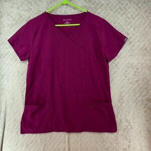 Heal Wear Womens Large Scrubs Top Burgundy Purple Work Wear Health Care Shirt